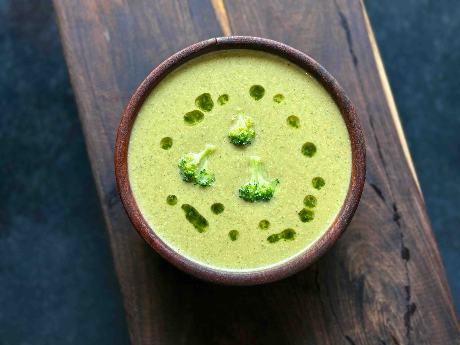 Broccoli Creamy Soup Aglio E Olio, Puffed Amaranth and Sun Dried Tomato